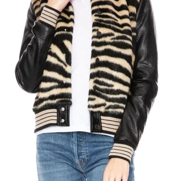 Mother Baseball Faux Fur Snap Jacket Tiger Print Varsity Faux Leather Size XS - Picture 1 of 11